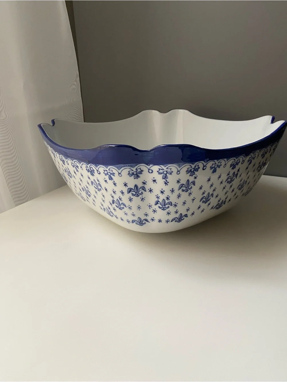 Vintage WCL Fleur De Lis Serving Dish Bowl Scalloped Corners, Blue And White